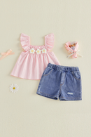 0-4Y Kids Girls Summer Clothes Sets Tops Ripped Denim Shorts 2 Pieces Set