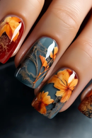 24 Pcs Nails for Girls Red Yellow Flowers Fallen Leaves Nails
