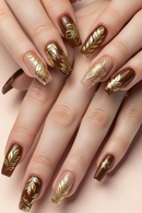 Nails with gold leaf design on a light pink background, Obroi