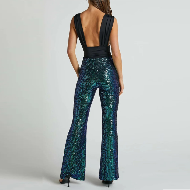 Green Flared Sequin Pants Women Autumn Wide Leg Loose Trousers Sequin Pants For Women Long