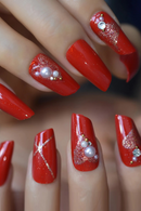 Red Press On Nails With Designs Pearls Lipstick Shape Luxury naNails Long Medium Artificial Nail Tips