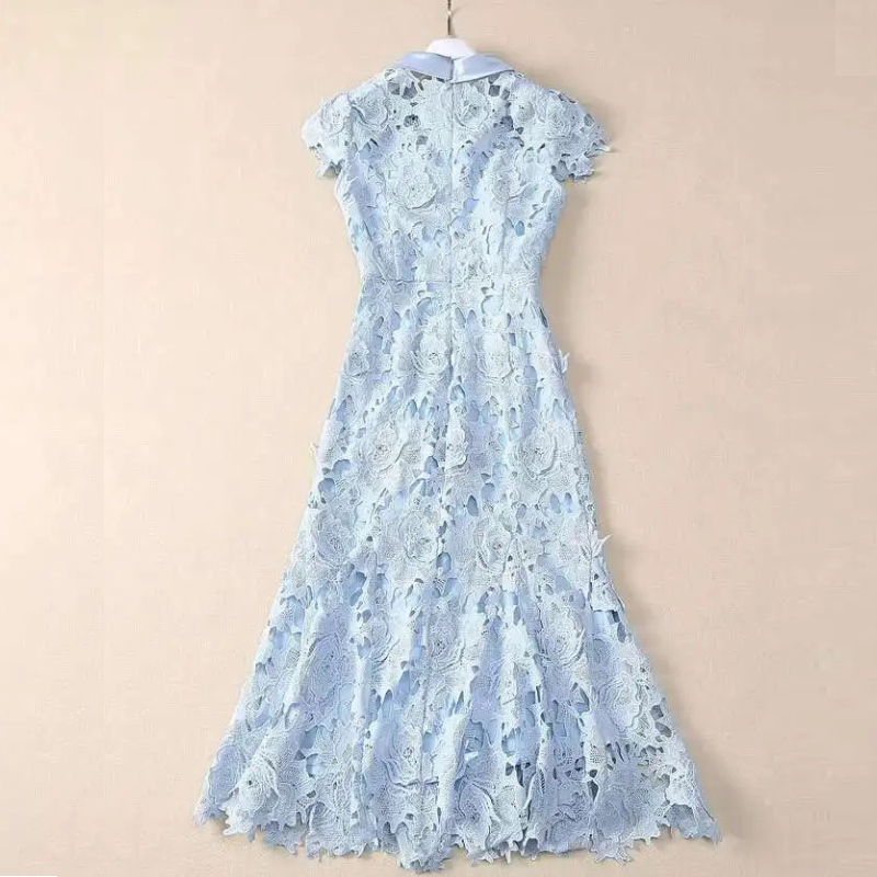 Luxury Embroidery Lace Evening Long Dresses Women Summer Holiday Fishtail Mermaid Hollow Out Dress