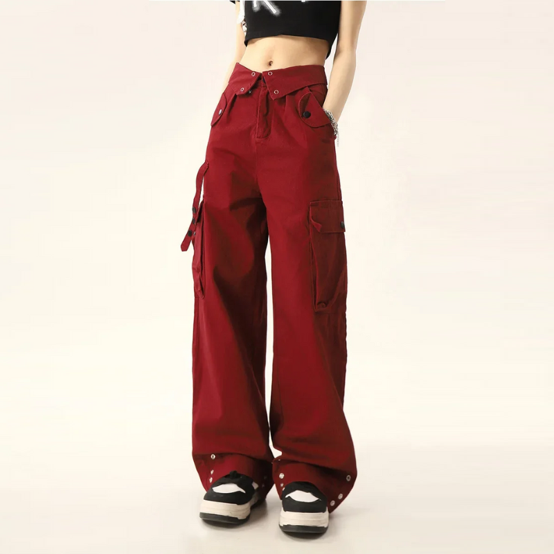 Casual Wide-Leg Long Pants Red Turned-Edge Cargo Pants For Men And Women