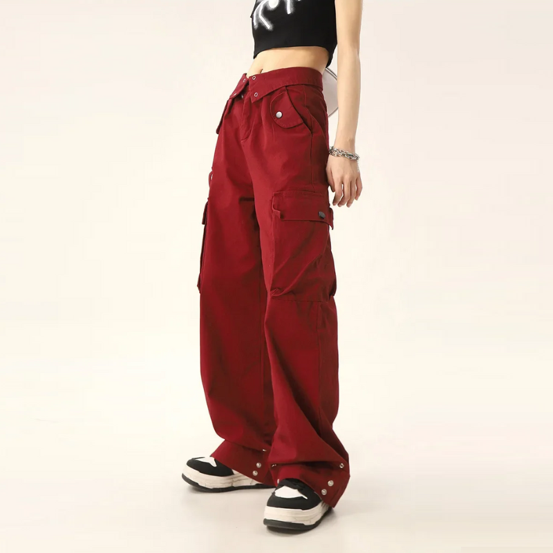 Casual Wide-Leg Long Pants Red Turned-Edge Cargo Pants For Men And Women