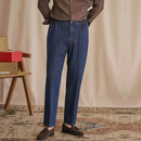 Men Jeans Suit Pants Elastic High Waisted Straight Trousers Casual Naples Denim Pant