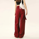 Casual Wide-Leg Long Pants Red Turned-Edge Cargo Pants For Men And Women