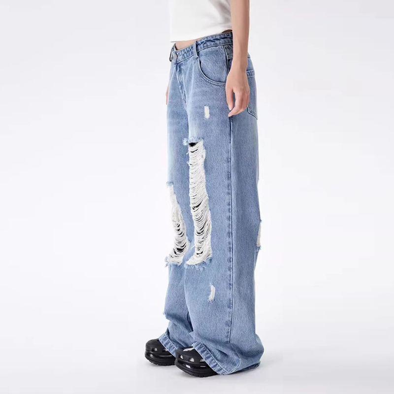 Denim Destroyed Boyfriend Jeans Vintage Wash Wide Leg Denim Pants