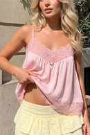 Women Satin Lace Spliced Camisole Top Pearl Decor Pleated Loose Fit Lace Hem Tank Top Casual Blouse