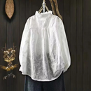 Women shirt elegant stand collar white flower embroidery shirts cotton long sleeve blouses Ladies clothing
