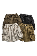 Five pairs of cargo shorts in different colors on a white background, Obroi