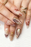 Brown Cat's Eye Full Cover Nail Tip Golden Flower Smudge Press on Nails Almond Reusable False Nails