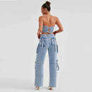 Chic Women Casual Loose Straight Cargo Jeans Pants Female Wide Leg Denim Trousers