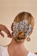 Woman with a braided hairstyle adorned with large, ornate silver hairpieces against a beige background, Obroi