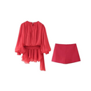 Women Elegant Puff Pleated Shirts Mini Dress Short Two Piece Skirt Set Loose Casual Women Tops