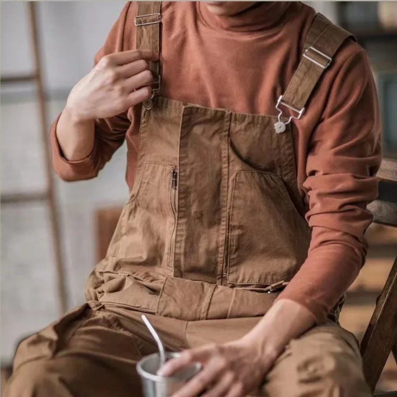 Straight Tube Multi Pocket Work Overalls Men Hip-hop Jumpsuit Couple Suspender Pants