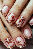 Square fake nails for women girls full cover glitter nail tips brown red leaf design press on nail art