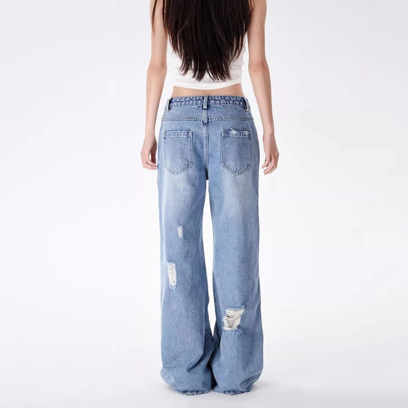 Denim Destroyed Boyfriend Jeans Vintage Wash Wide Leg Denim Pants