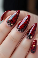 24pcs Dark Red Rose Press on Nails Shiny Sequins Design Almond Fake Nail Tips Wearable Valentine's Day Lady False Nail Patches