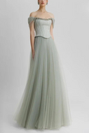 Elegant Off The Shoulder Mint Green Evening Dresses Diamond Corset Flowing Tulle Skirt