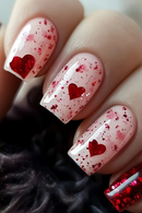Nails with red heart designs and glitter on a neutral background, Obroi