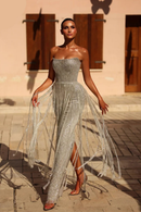 Sliver Sequin Evening Dresses Strapless Dresses with Tassel Mermaid Gown