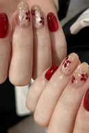 Short Oval Red Cat Eye Press on Nails Glitter Finished Nails Stickers Flowers Winter Manicure Art for Women