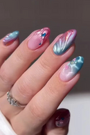 24pcs Gradient Blue Nails Ocean Rippled Design Round Almond Press on Nails Sets