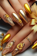 Gold and decorative nails with intricate designs on a neutral background, Obroi