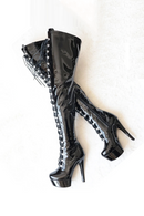 Boots Women Black Side Zipper Thin High Heels Round Toe Front Strap Lace Up Platform Thigh Boots