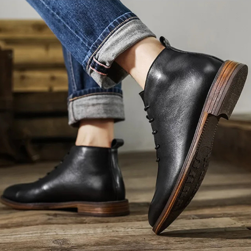 Retro Ankle Boots For Men Genuine Leather Shoes Elegant Lace Up Footwear