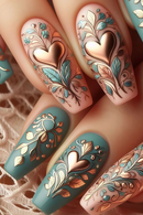 Nails with intricate floral and heart designs in pink, blue, and gold on a textured surface, Obroi