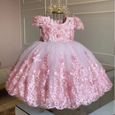 Girl Dress For Wedding Applique Tulle Short Sleeve Pearl Princess Kids Birthday First Communion Ball Gown