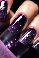 Nails with purple glitter design and lipstick on a dark background, Obroi