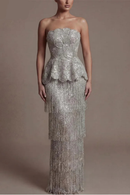 Sliver Prom Dress Strapless Celebrity Dress with Layered Tassel Women's Evening Dresses Formal Gown