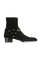 Black suede boot with silver buckles on a white background, Obroi
