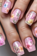 Medium nails for women girls pink flowers butterfly design for Spring summer season Square nail tips press on nails