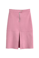 Women's Pink Faux Suede Midi Skirt Front Split Zipper Detail Elegant Office Skirts