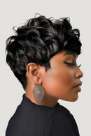Woman with styled black hair wearing large earrings on a light gray background, Obroi