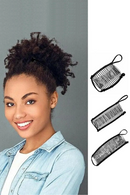 Woman with styled hair next to three hairbrushes on a gray background, Obroi