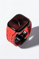 Red smartwatch with a black strap on a white background, Obroi