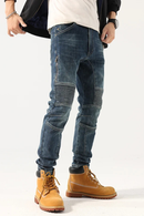 Retro Patchwork Motorcycle Jeans Men's Autumn Slim Straight Elastic Casual Long Pants Cotton Elastic Denim