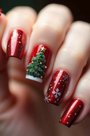 A close-up of a hand showcasing festive Christmas nail art. The nails are painted in a glossy deep red with glitter, featuring a small green Christmas tree with a gold star on one nail, white snowflakes on another, and tiny white dots on a fourth, Obroi