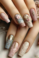 24Pcs Mid-length Square Head Nails Relief Rosy Lace with Design Press on False Nails Art Wearable Full Cover Nails Tips