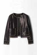 Handmade rivets genuine leather leather jacket women's short round neck lady slim fit