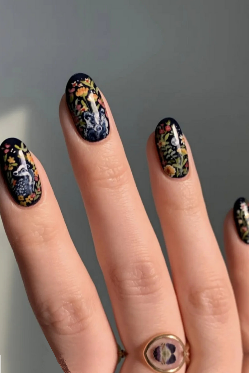 Flower Leaf Animal with Design Press on False Nails Art Short Round Head Nails