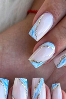 Marble Fake Nail Design With Glossy Gold Glitter Nail Coffin Acrylic Nail White Blue Whirlpool Women'S Nail