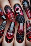 Elegant nail art design with red, black, and gray colors featuring roses and a heart, Obroi