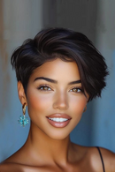 Woman with short dark hair wearing earrings against a blue background, Obroi