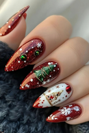 24Pcs Almond Head Press on Nails Sets Christmas String Lights Stick on Nail Glitter Winter Nail