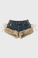 Denim shorts with fur trim on a white background, Obroi